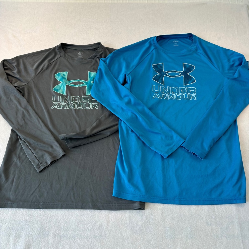 Under Armour Boys Long Sleeve Performance Shirt Lot 2 Blue Grey YXL 18-20 Loose